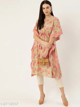 Green and Pink Cotton Kaftan Kurti, solid combo, three-quarter sleeves. Indian-made fashion clothing for women